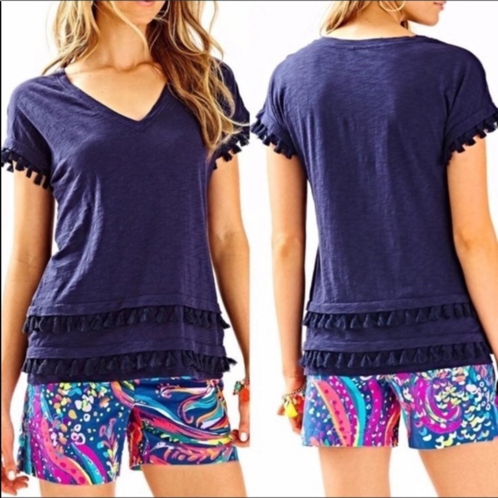 Lilly Pulitzer Blue Navy Cotton top Tassels sz small